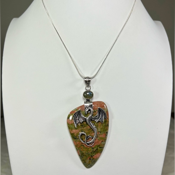 XL Dragon 🐉 Unakite 925 Labradorite Gemstone Pendant - Picture 3 of 5